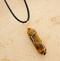 Tiger Eye Natural Stone Crystal Double Points Necklace With Leather Chain