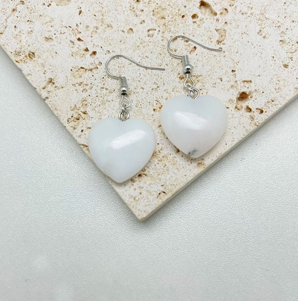 White Jade Natural Stone Heart Drop Earrings