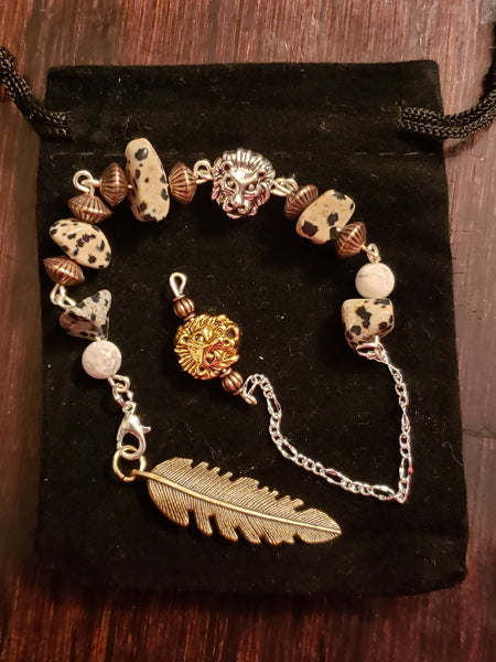 Handmade Hematite & Dalmatian Jasper Beads With Lion & Feather Pendulum